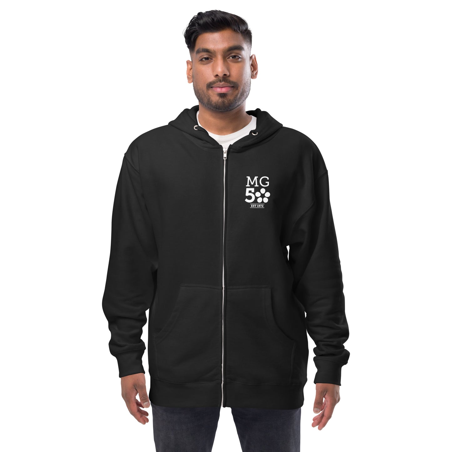 Mission Graduates Unisex Fleece Zip Up Hoodie, Favicon Logo Front Chest with Full Logo Print on Reverse, Available in Three Colors