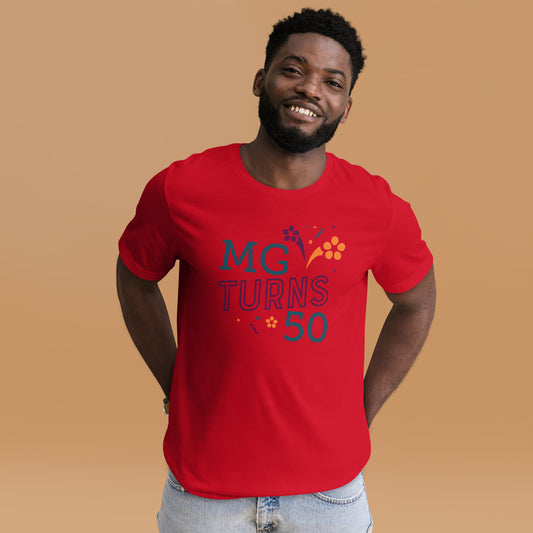 MG Turns 50! Primavera Festival Celebration T-Shirt, Adult Unisex in Red and White Color Options